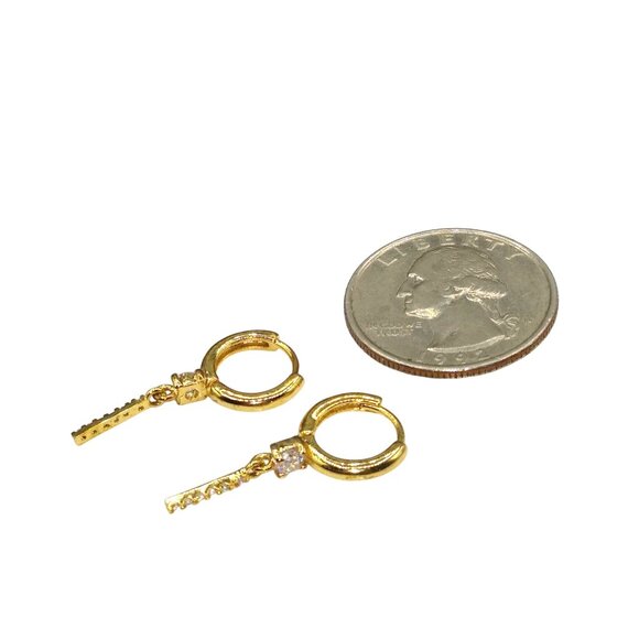 Gold Tone Huggie Hoop Earrings with Vertical Bar Crystal Channel Drop - Picture 4 of 5